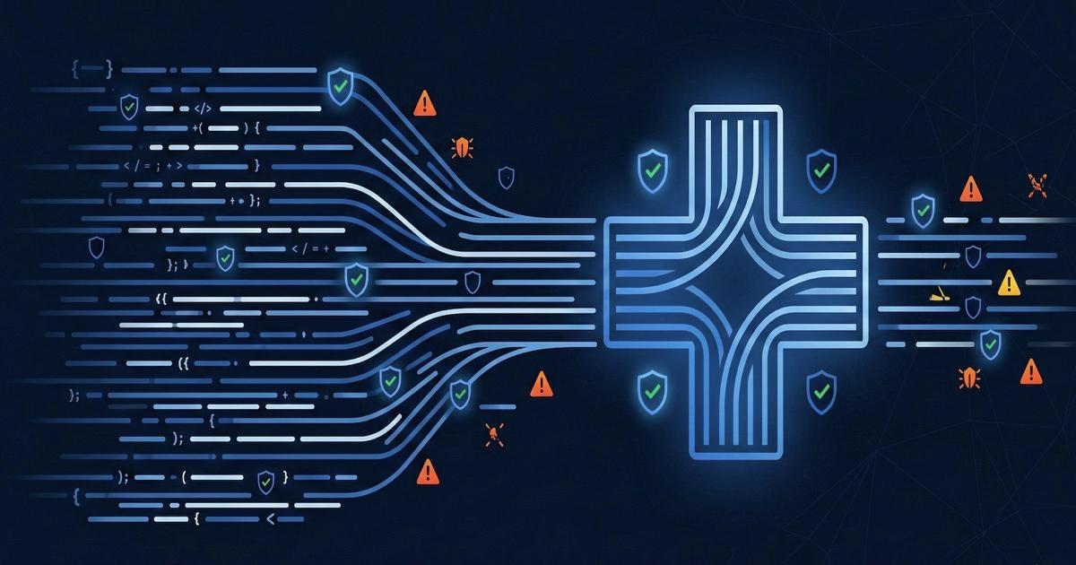 Code flowing into a medical cross symbol, representing HIPAA security analysis of healthcare source code