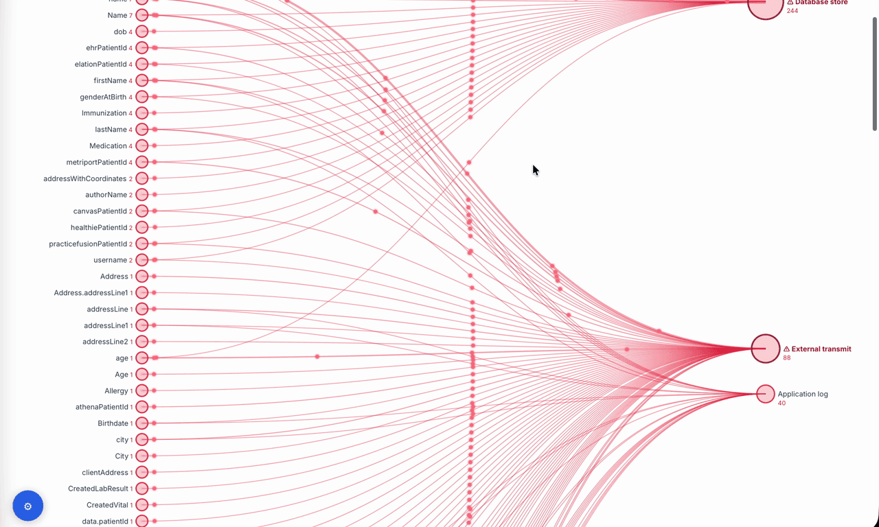 Data flow ribbons from many personal-data fields into database store, external transmit and application log sinks