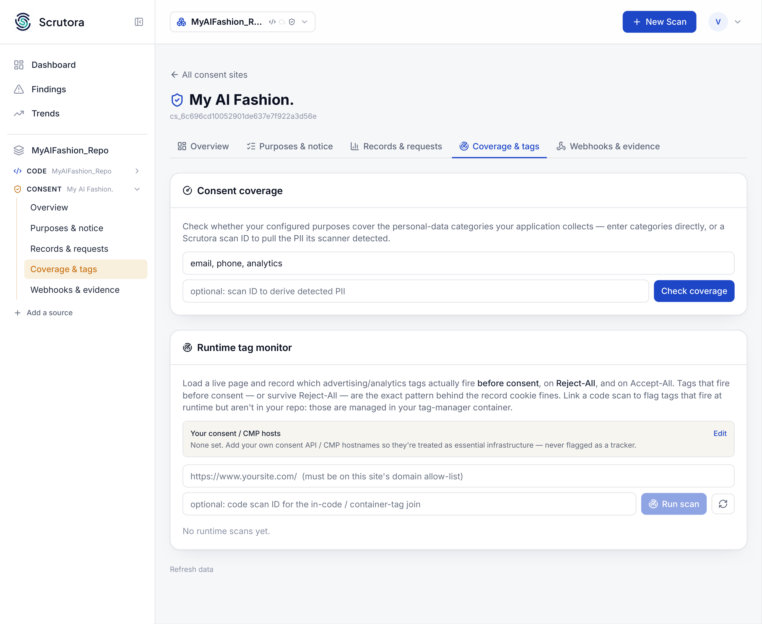 Consent coverage: enter data categories or a Scrutora scan ID to check whether configured purposes cover the personal data the application collects. Below it, the runtime tag monitor.