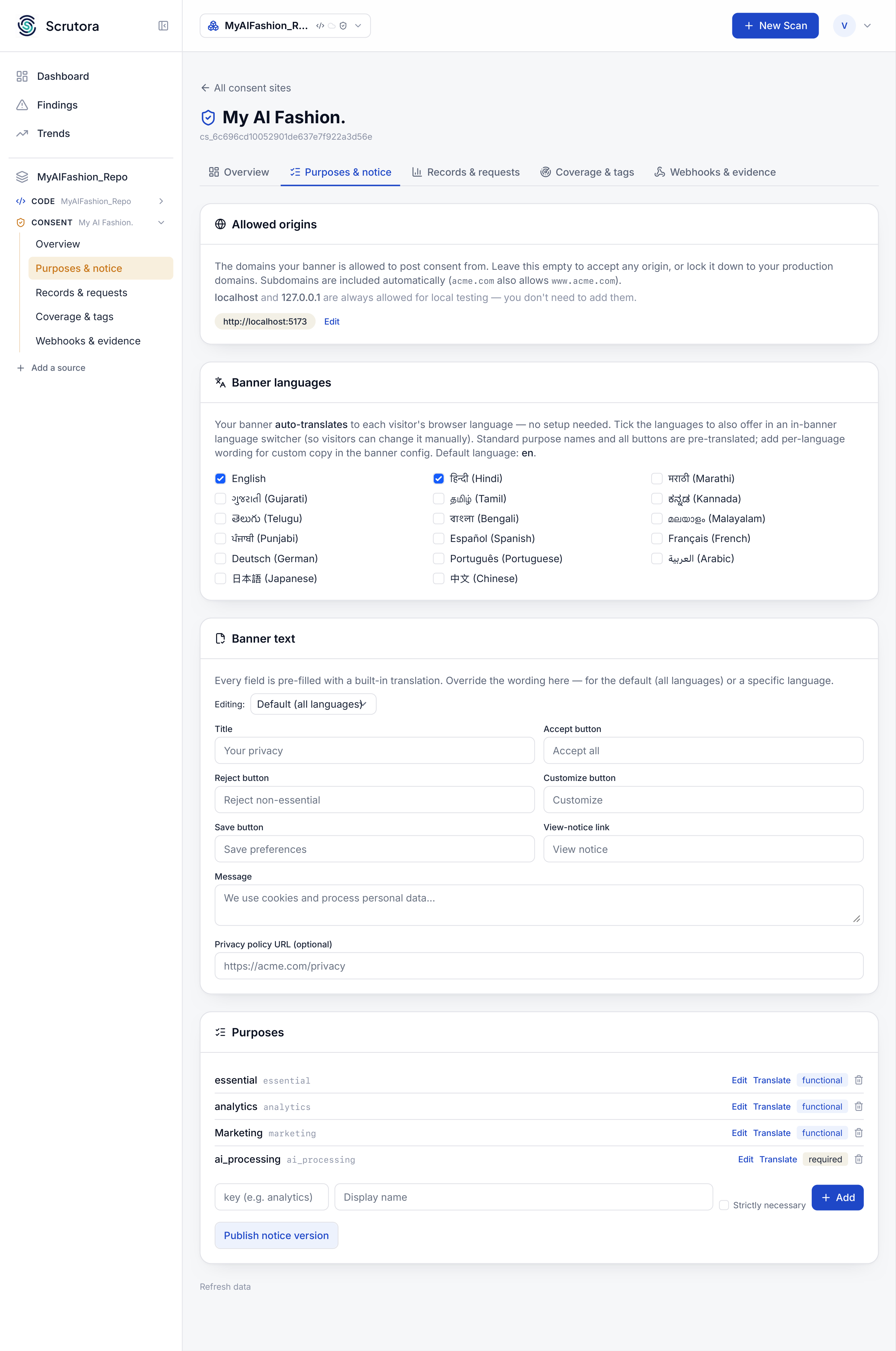 Banner language configuration with Indian languages, per-language banner text, and the purpose list.